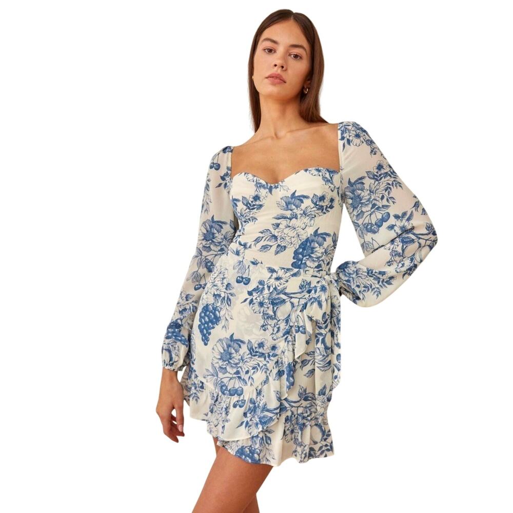 Reformation Cammi Blue White Toile Floral Fruit Print Mini Dress Size 0 Ruched